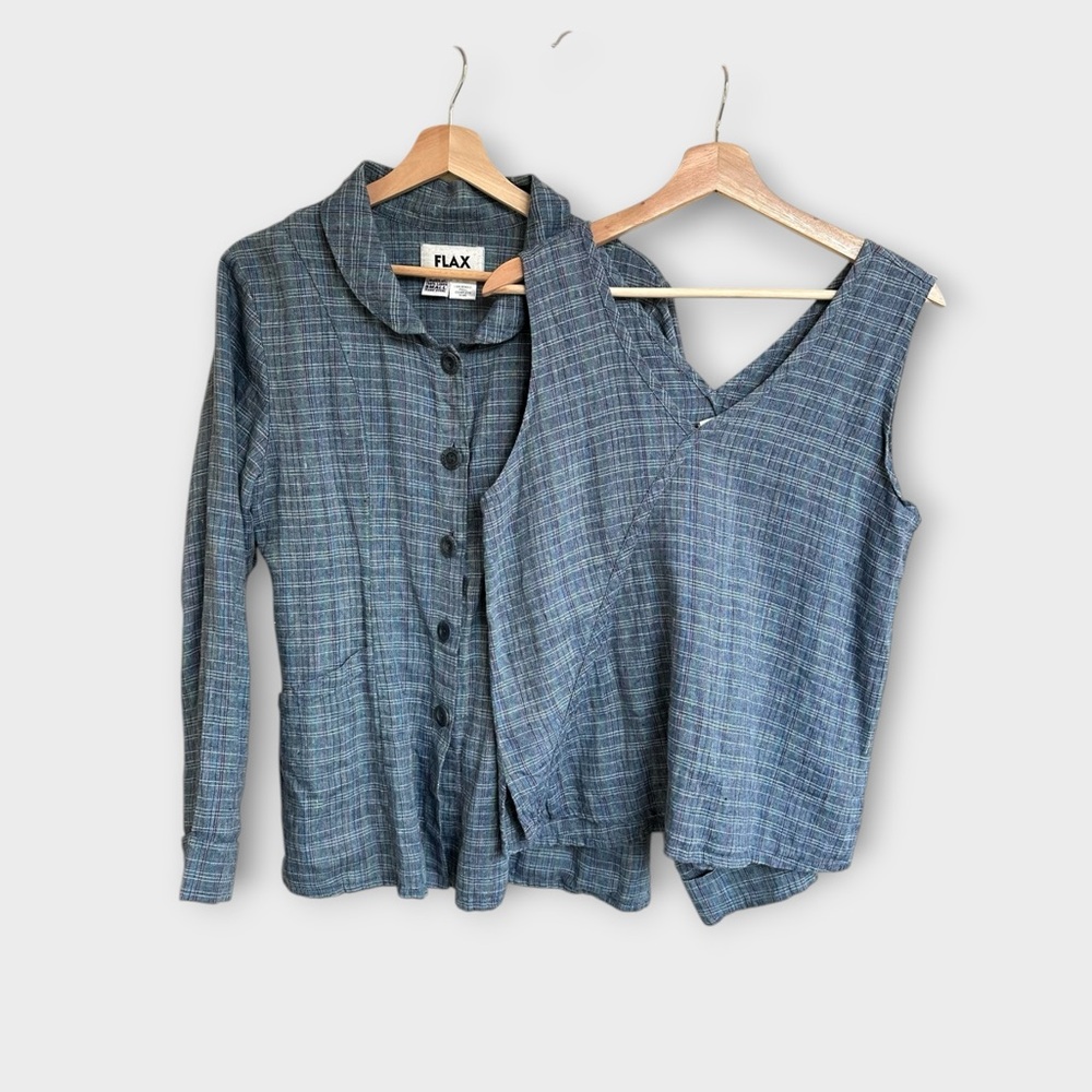 FLAX Two-Piece Blazer and Tank Top 100% Linen Set in Blue Plaid size S